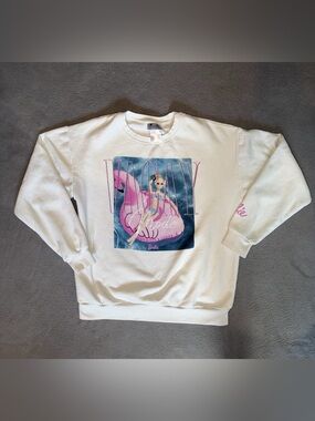 Barbie Vacay Mode White Graphic Crewneck with Pink Accent Size S